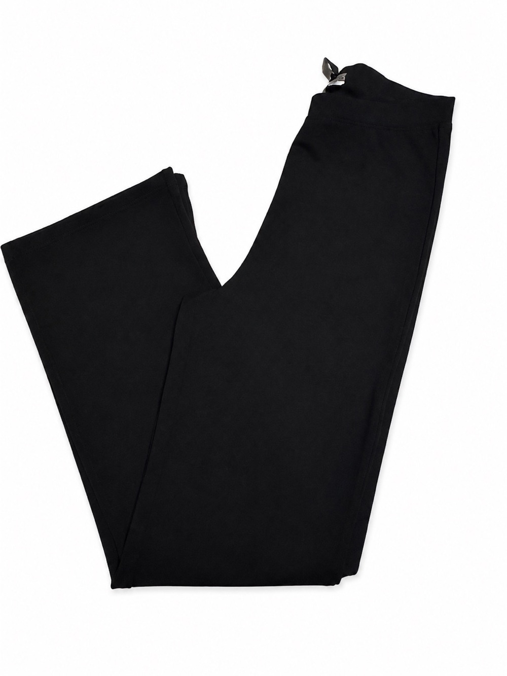 Black flare pants with a high waist and a zipper closure, size L